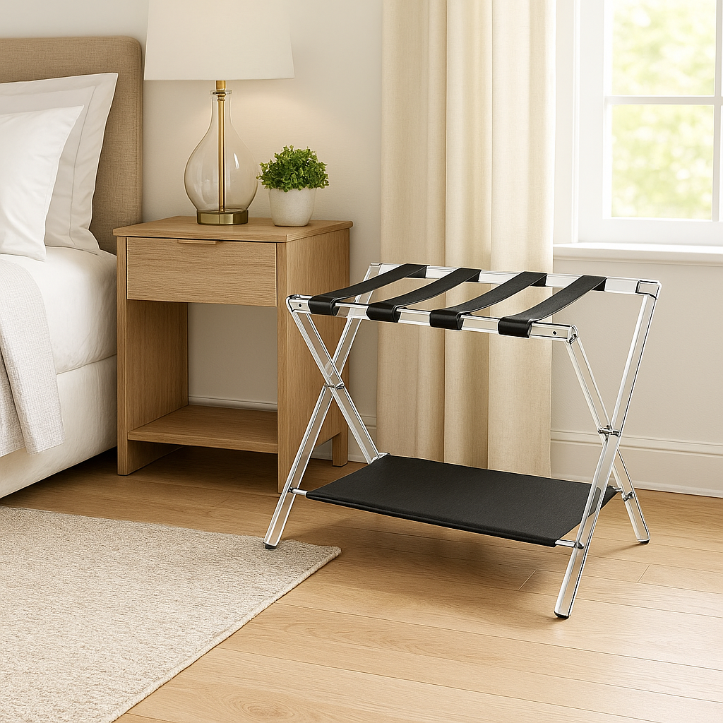 Sumerflos Acrylic Luggage Rack – Foldable Clear Suitcase Stand with Leather Straps for Guest Rooms & Hotels