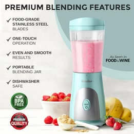 Mueller smoothie blender with detachable blade and spill-proof lid.