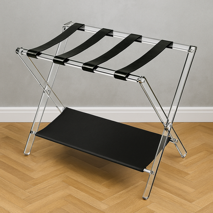 Sumerflos Acrylic Luggage Rack – Foldable Clear Suitcase Stand with Leather Straps for Guest Rooms & Hotels