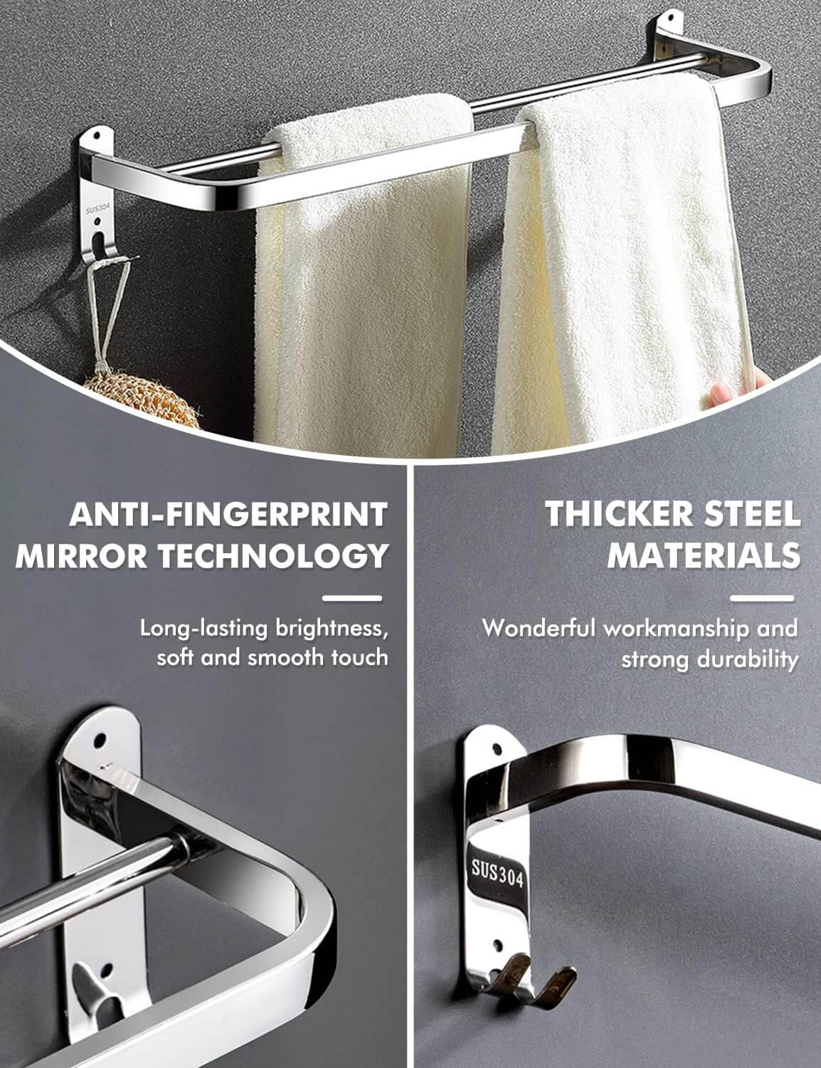 Modern towel rack set with neatly folded white towels.