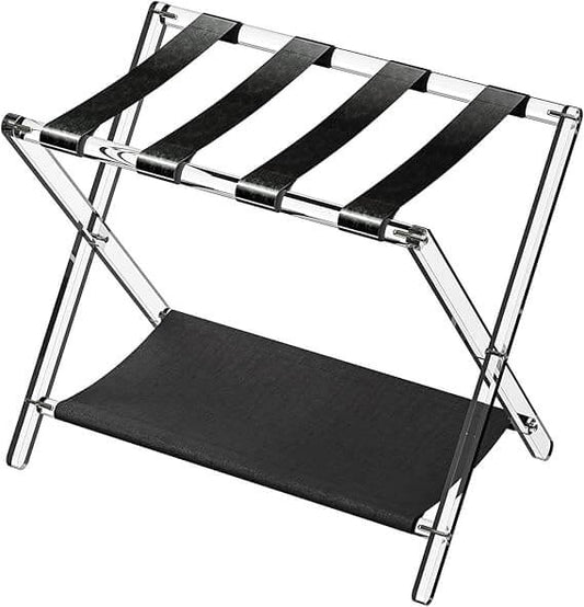 Clear acrylic luggage rack by Sumerflos displayed in a guest bedroom.