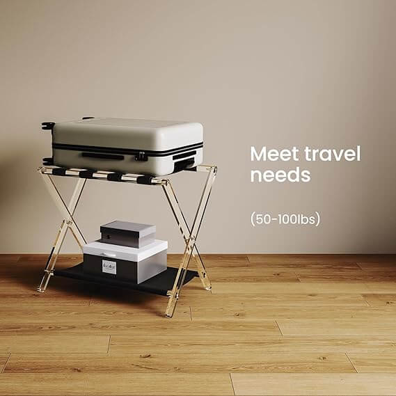 Foldable acrylic luggage stand for hotel-style guest convenience.