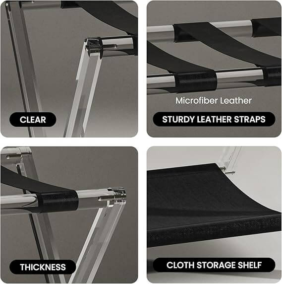 Minimalist luggage rack placed at foot of bed in stylish bedroom.