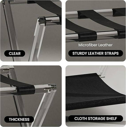 Minimalist luggage rack placed at foot of bed in stylish bedroom.