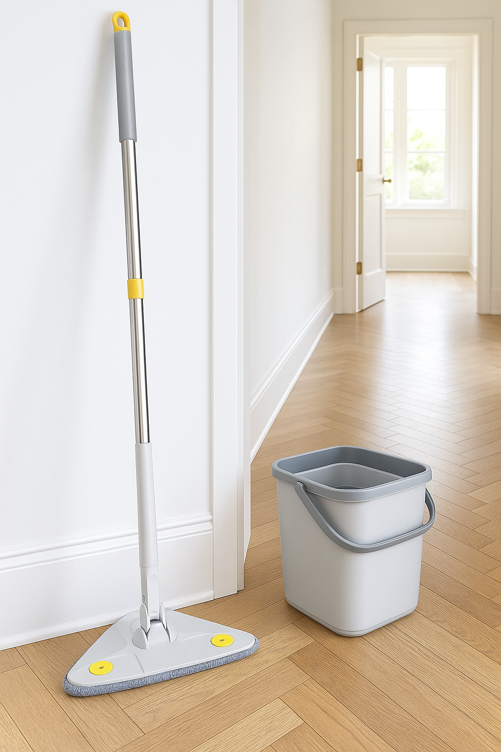 360° Rotatable Triangle Squeeze Mop – Telescopic Self-Wringing Spin Mop with Microfiber Pads for Wet & Dry Cleaning